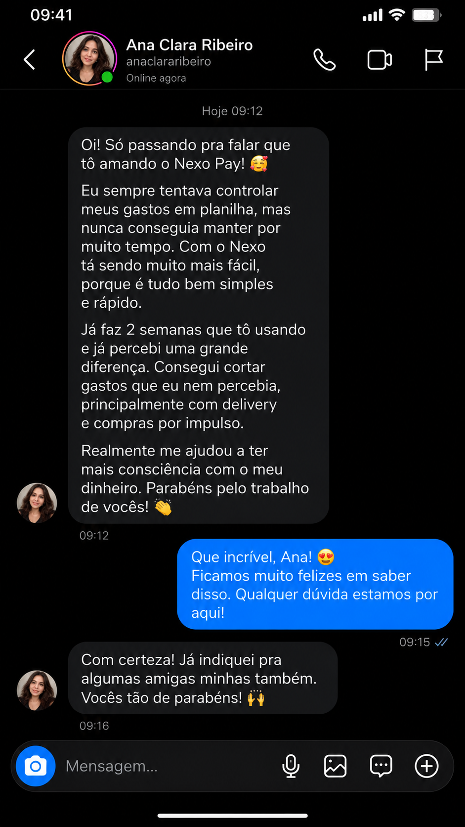 Print de conversa com depoimento de cliente do Nexo Pay 2