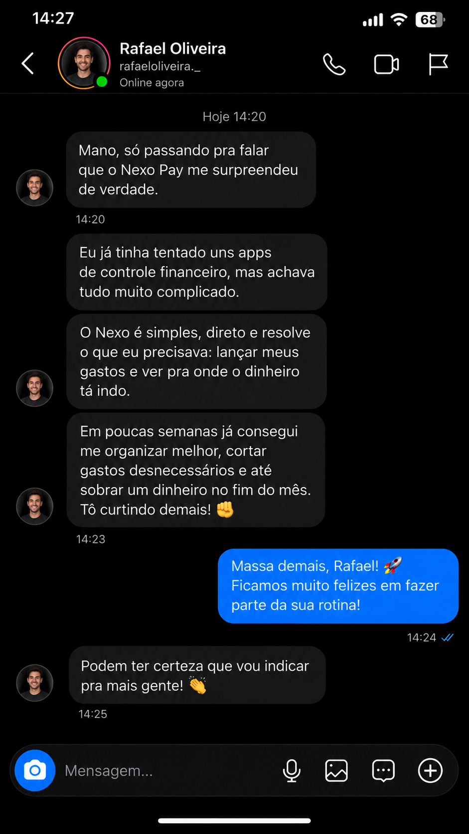 Print de conversa com depoimento de cliente do Nexo Pay 5