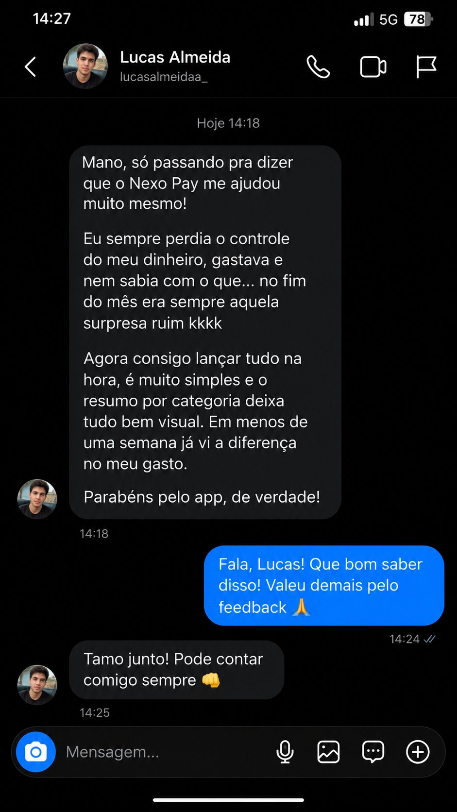 Print de conversa com depoimento de cliente do Nexo Pay 1