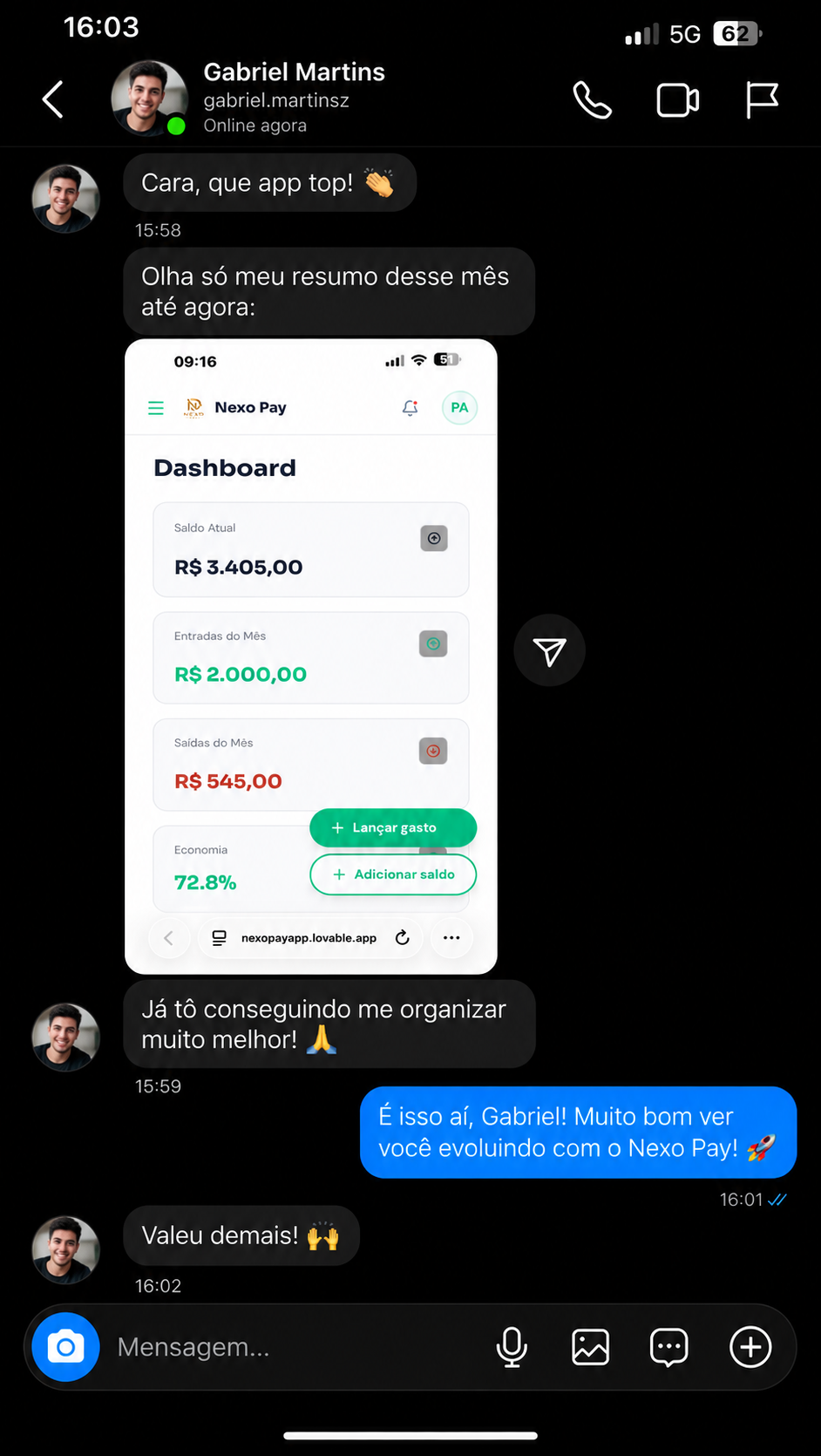 Print de conversa com depoimento de cliente do Nexo Pay 3