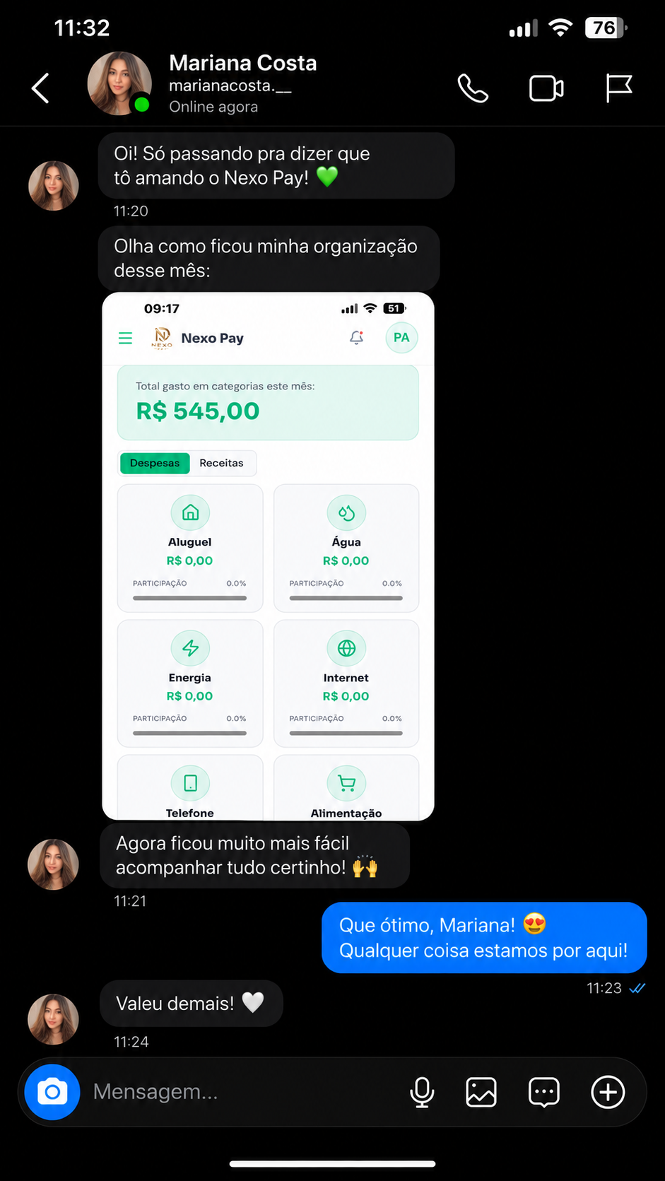 Print de conversa com depoimento de cliente do Nexo Pay 4